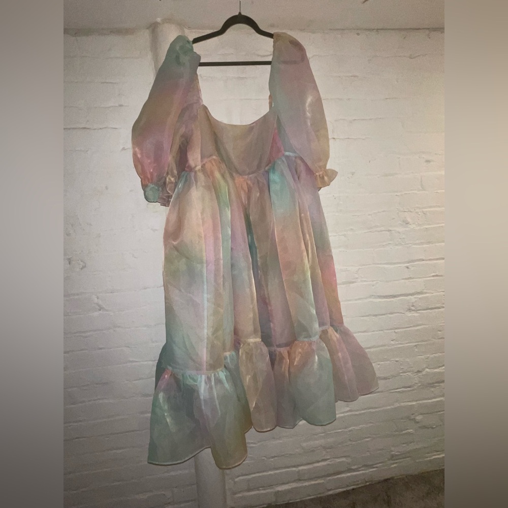 Selkie Rainbow French Puff Dress Organza Midi Watercolor Pastel Ethereal 4X